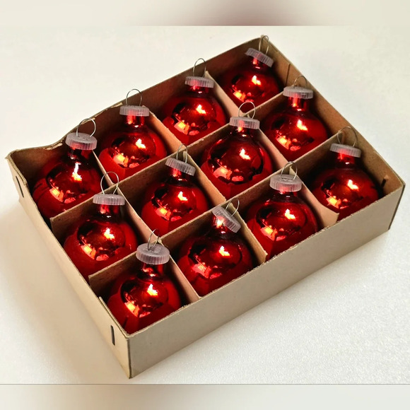 Vintage Box of 12 Miniature Red Glass Ornaments from S.S. Kresge Kmart Pre-1977 - Picture 4 of 6